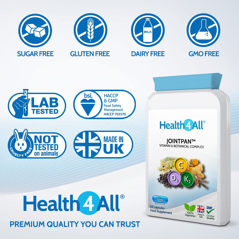 Health4All Jointpan Joint Support 60 Capsules (not Tablets) with Boswellia Serrata, Turmeric, Ashwagandha, Vitamins D3 and K2 MK-7. Strong Joint Pain, stiffnes and OA Supplement 60 Count (Pack of 1) - BeesActive Australia