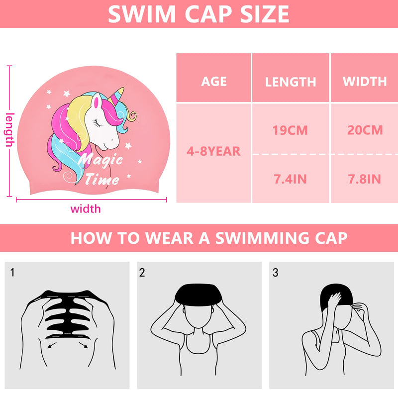 Girls Swim Caps for Kids (Age 4-8), Unicorn Waterproof Silicone Swimming Cap for Short/Long Hair with Swimming Goggles, Ear Plug and Nose Clip - BeesActive Australia