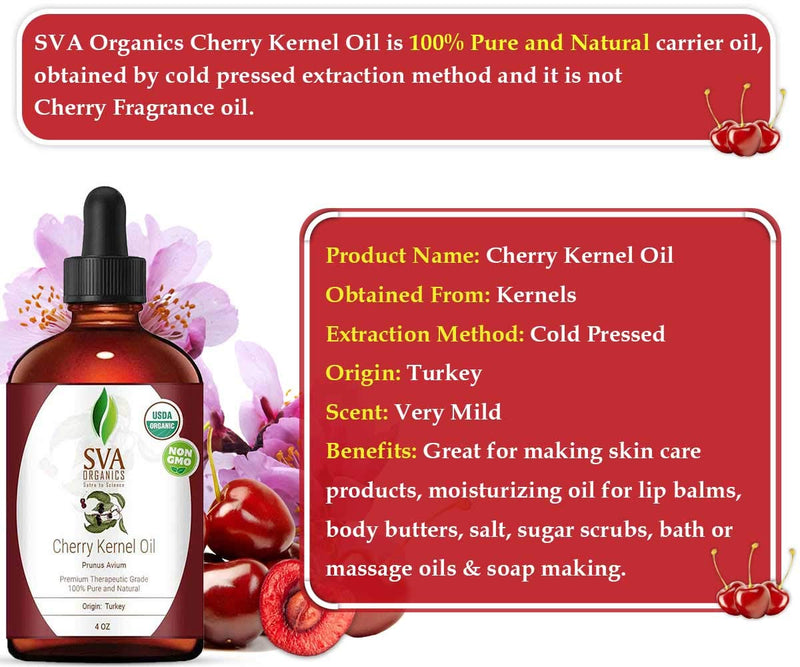 SVA Organics Cherry Kernel Oil Organic USDA 4 Oz Pure Natural Cold Pressed Undiluted Carrier Oil for Face, Skin, Hair, Nails Care, Foot & Body Massage - BeesActive Australia