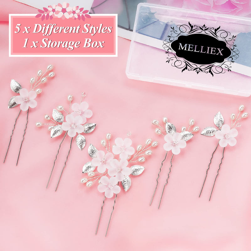 MELLIEX 5 Pcs Bridal Hairpins, Pearl Rhinestone, Flower Hair Clips, Silver Jewelry Wedding Headpiece Hair Accessories for The Bride and Bridesmaid - BeesActive Australia