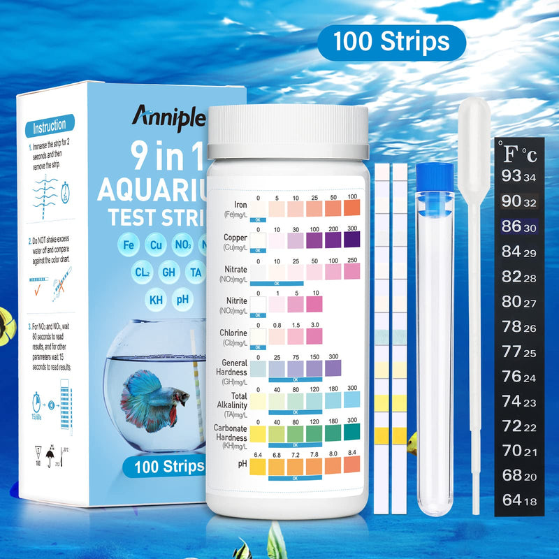 9 in 1 Aquarium Test Strips - 100 Strips Aquarium Water Test Kits for Freshwater Saltwater - Testing for Iron, Copper, Nitrite, Nitrate, pH, GH & KH, Chlorine, Total Alkalinity - BeesActive Australia
