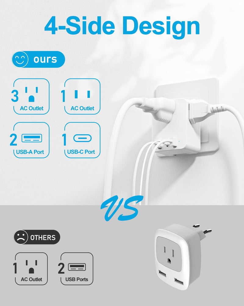 European Travel Plug Adapter,Foldable 4AC International Power Plug Adapter with USB C, Type C Outlet Adaptor Charger for US to Most Europe EU Iceland France Germany Spain Italy Travel FD3AC-1PC - BeesActive Australia