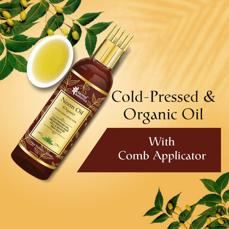 Oriental Botanics Organic Neem Oil 200ml for Hair and Skin Care - With Comb Applicator - Pure Oil with No Mineral Oil, Silicones - BeesActive Australia