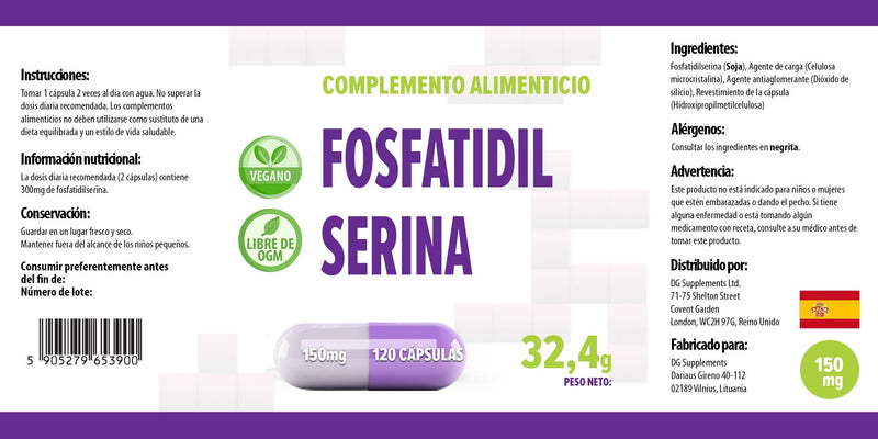 Phosphatidylserine 150mg 120 Vegan Capsules, Certificate of Analysis by AGROLAB Germany, High Strength Supplement, Gluten and GMO Free - BeesActive Australia