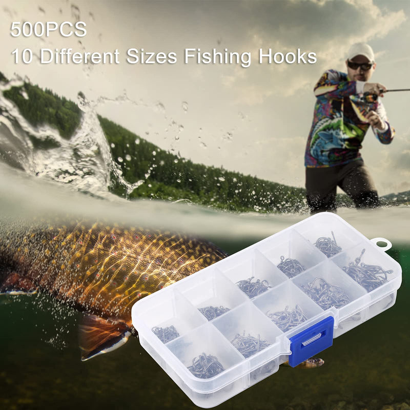VIPMOON 500 Pcs High-Carbon Steel Barbed Fishing Hooks with Holes, 10 Specifications of Fishing Hooks, Portable Boxed Fish Hooks Black Freshwater Fish Hooks Set - BeesActive Australia