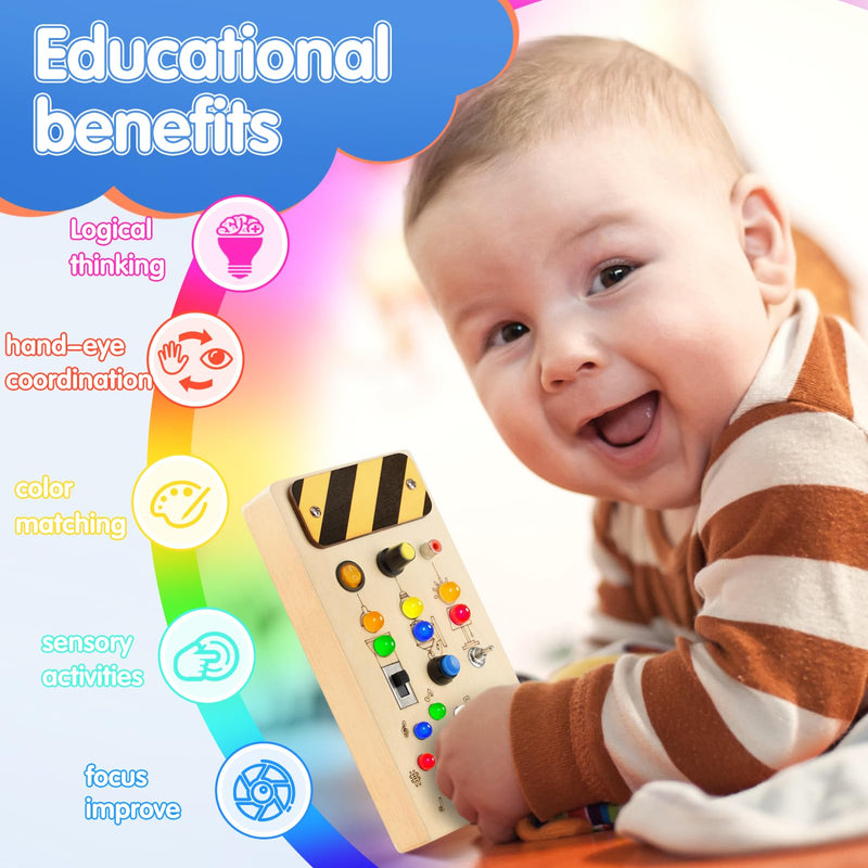 POLKRANE Busy Board with LED Light,Montessori Toys with Toggle Switch,Travel Toys and Wooden Toy for Educational Toddler Activities for 1 2 3 4 Year Old Boys & Girls (Rainbow) Rainbow - BeesActive Australia