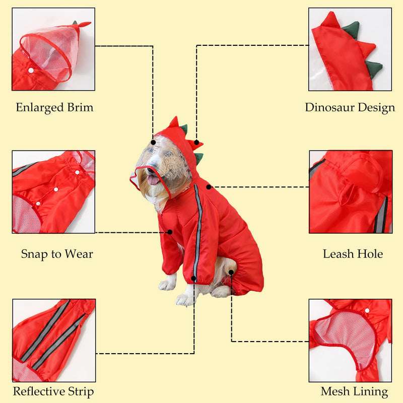 SEIS Dog Raincoat Hooded Dinosaur Pet Rain Wear Waterproof Frog Pet Poncho Light Breathable Dog Suit Reflective Strap Pet Outfit for Small Medium Large Dog S (Back length 25cm/9.8") Red Dinosaur - BeesActive Australia