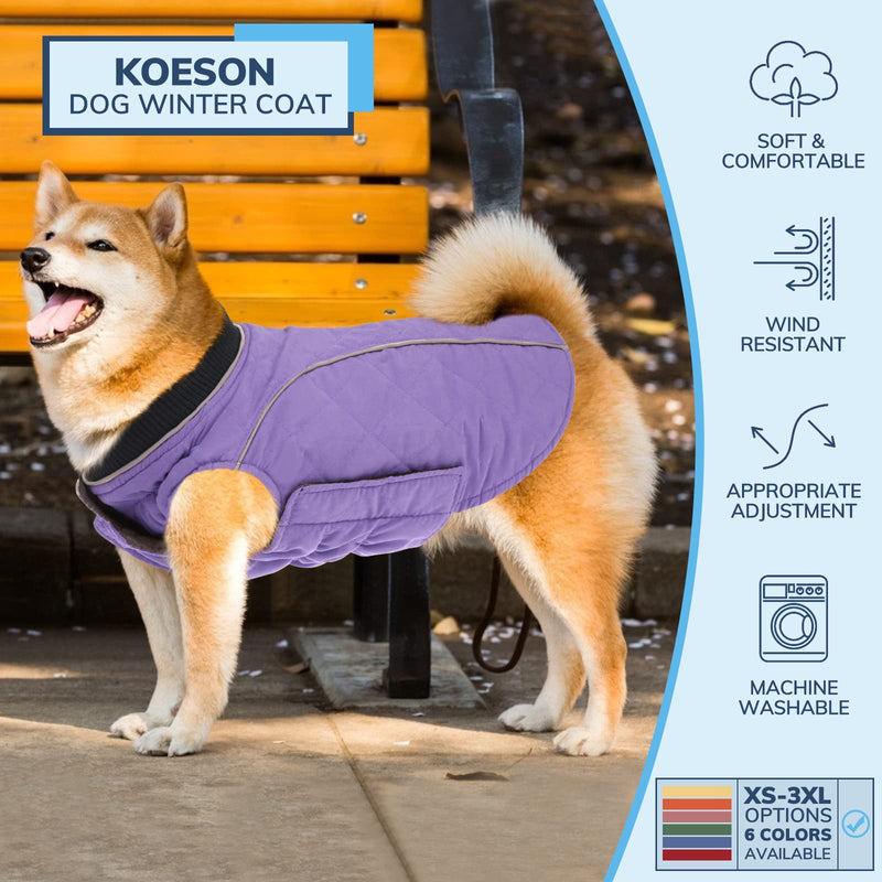 KOESON Windproof Dog Cold Weather Coat, Reflective Pet Winter Thick Warm Outdoor Jacket with Harness Hole, Comfy Cotton Apparel Padded Vest for Small Medium Large Dogs X-Large Purple - BeesActive Australia