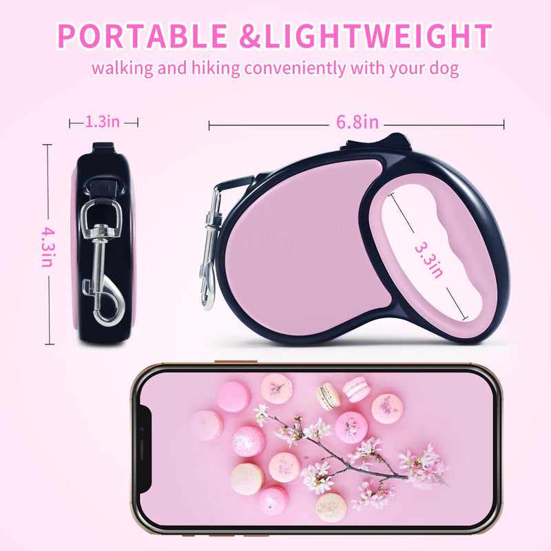 Slognny Retractable Dog Leash,[Strong Nylon Tape][One-Handed One Button Lock] for Medium Small Dog or Cat,16ft Pet Walking Leash with 360°Tangle-Free Design,Anti-Slip Handle,Gift Package pink - BeesActive Australia