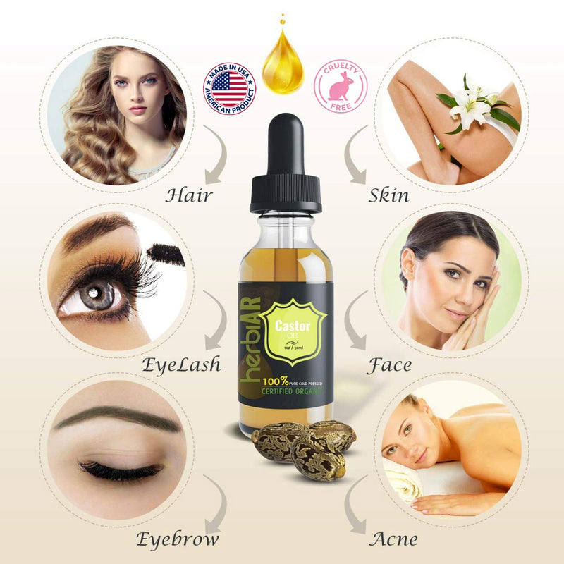 Organic Castor Oil for Eyelashes Eyebrows USDA Certified Natural Cold Pressed Hair Growth Oil & Eyelash Serum Skin Moisturizer 30 ml - Herbiar - BeesActive Australia