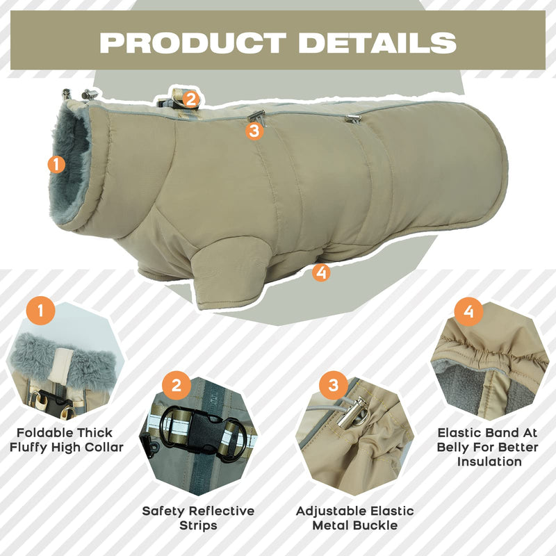 IDOMIK Dog Winter Coats Waterproof Windproof Cold Weather Jackets, Reflective High Collar Vests Warm Clothes With Harness, Thick Padded Fleece Snowsuits Pet Outfits Apparel For Small Medium Large Dogs X-Large Khaki - BeesActive Australia