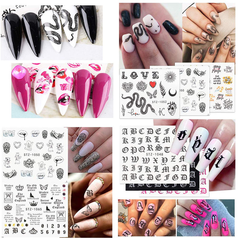 Nail Art Sticker Decals Foil Water Transfer Sticker Snake Flower Butterfly Letters Heart Lips Abstract Image Black Line Face Animals Fashion Design for women Manicure Charms Decorations Supplies 48 Sheets - BeesActive Australia