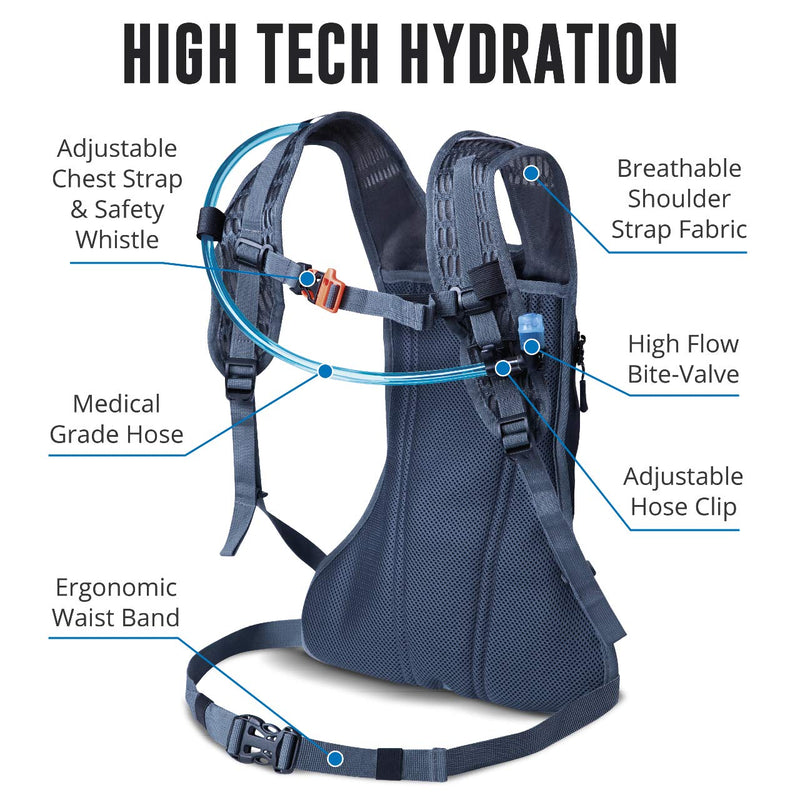 Vibrelli Hydration Pack & 2L Hydration Water Bladder - High Flow Bite Valve - Hydration Backpack with Storage - Lightweight Running Backpack, Also for Cycling, Hiking, Ski, Snow for Men, Women & Kids Black - BeesActive Australia