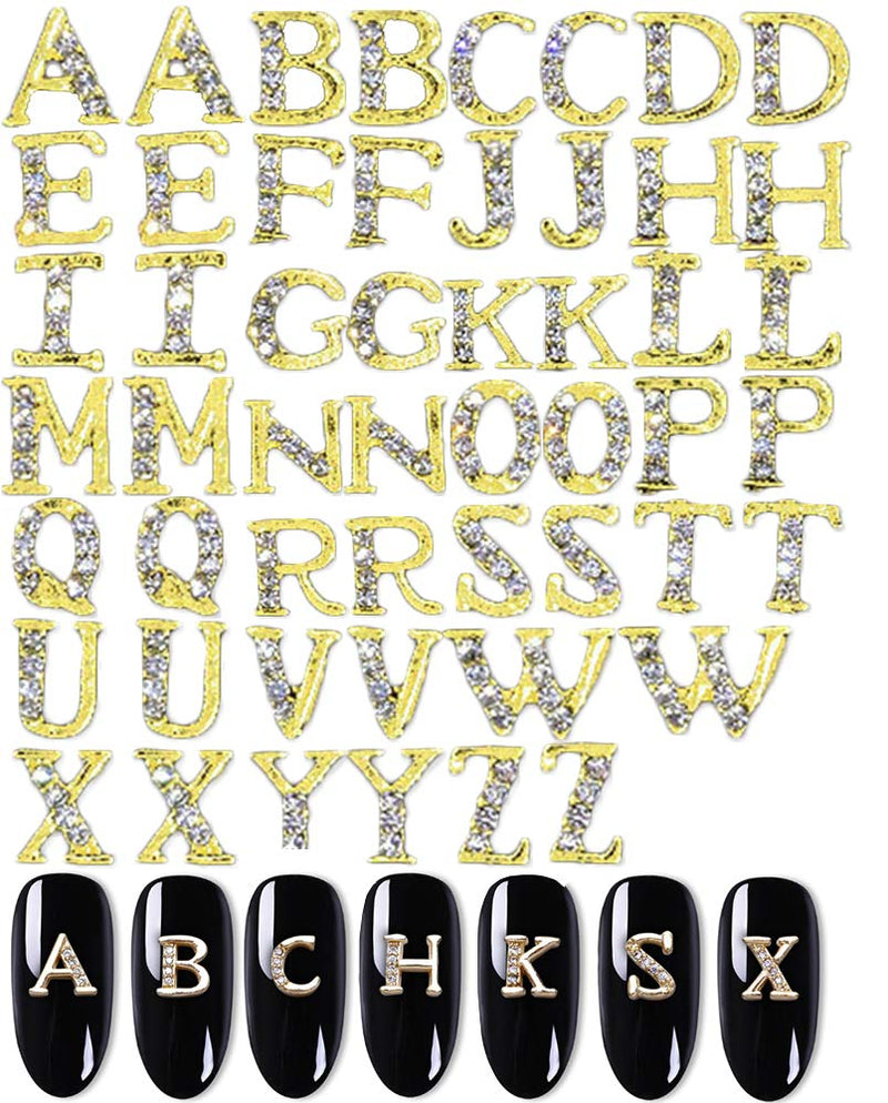 52 Pcs 3D Metal Nail Studs Decoration Glitter Gold Capital English Letters and Rhinestone Combination Set DIY Designs Supplies for Women - BeesActive Australia