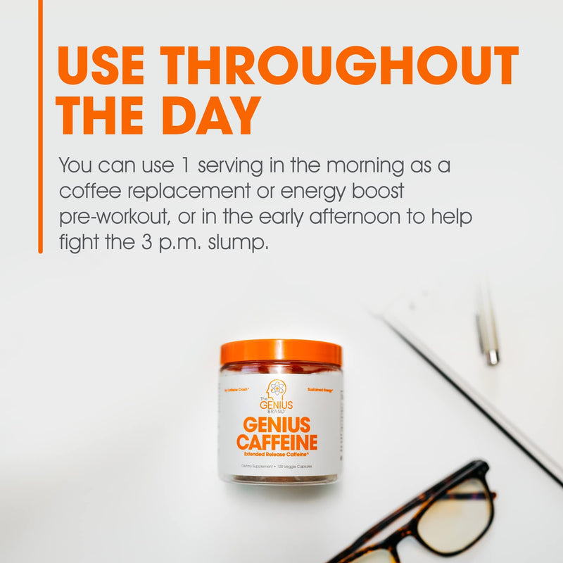 Genius Caffeine Pills 100mg, Extended-Release Microencapsulated Caffeine Pills - All-Natural Non-Crash Sustained Energy, Focus & Concentration Supplement - Nootropic Brain Booster - 100 Capsules - BeesActive Australia
