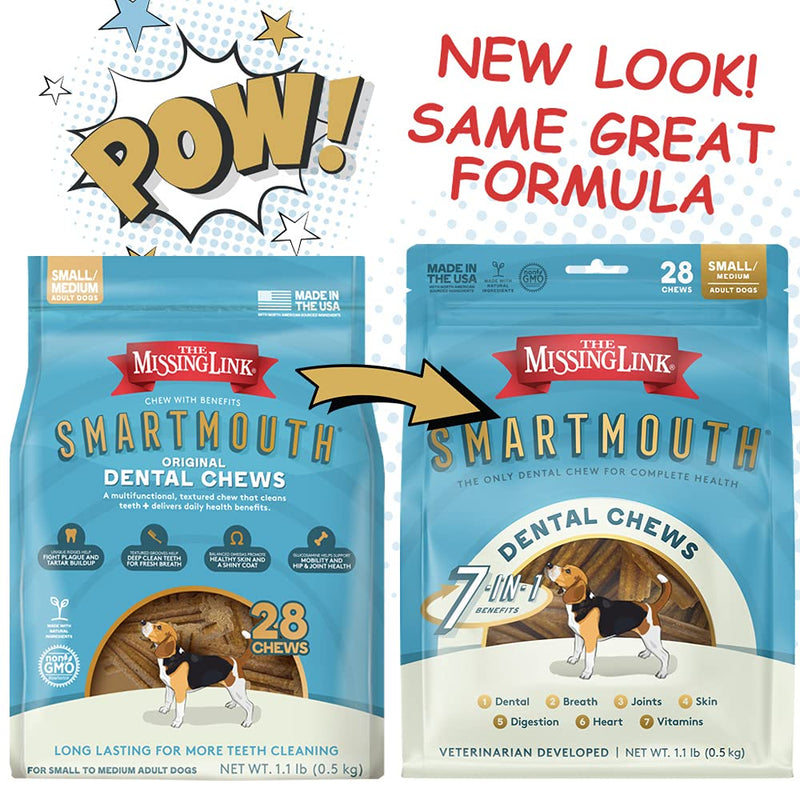 The Missing Link Smartmouth Vet Developed Dental Chew Treats, 7-in-1 Benefits: Healthy Teeth & Gums, Breath, Skin, Joints, Digestion, Heart, Immune System – Small/Medium 15-50lb Dogs 28 Count (Pack of 1) - BeesActive Australia