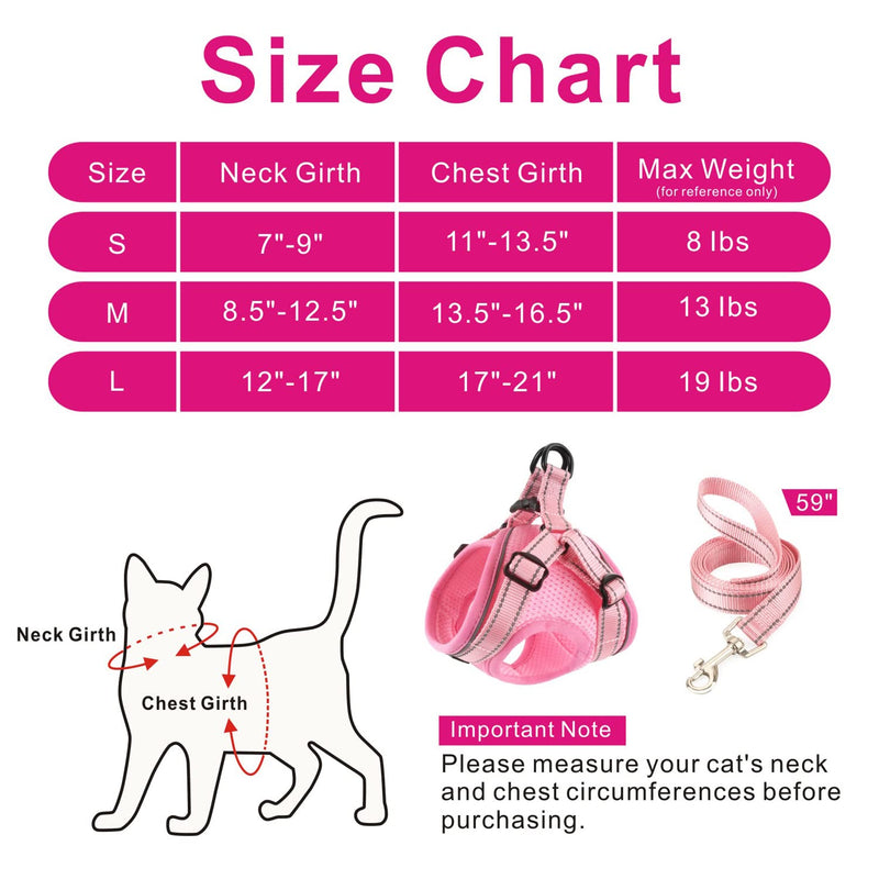 Otunrues Cat Harness and Leash Set for Walking Escape Proof, Easy-to-WEAR Adjustable Cat Harness with Reflective Strap - Comfort Fit for Pet Kitten Cat Large Pink - BeesActive Australia