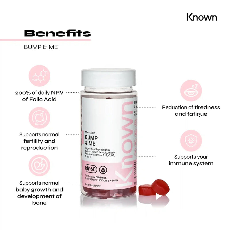 Vegan Bump and Me Folic Acid Pregnancy Vitamin Gummies for Women by Known Nutrition | 60 Two-a-Day Gummies (One Month�s Supply) | Prenatal & Postnatal Support | Raspberry Flavoured Gummies� (1) 1 - BeesActive Australia