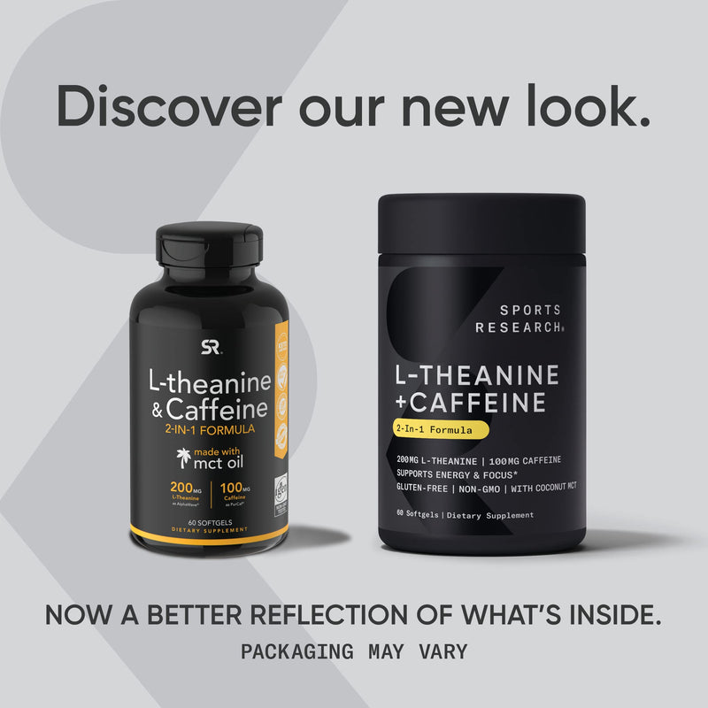Sports Research L-Theanine Supplement with Caffeine & Coconut MCT Oil - Focused Energy, Alertness & Relaxation Without Drowsiness - 200mg L Theanine, 100mg Organic Caffeine - 60 Liquid Softgels - BeesActive Australia