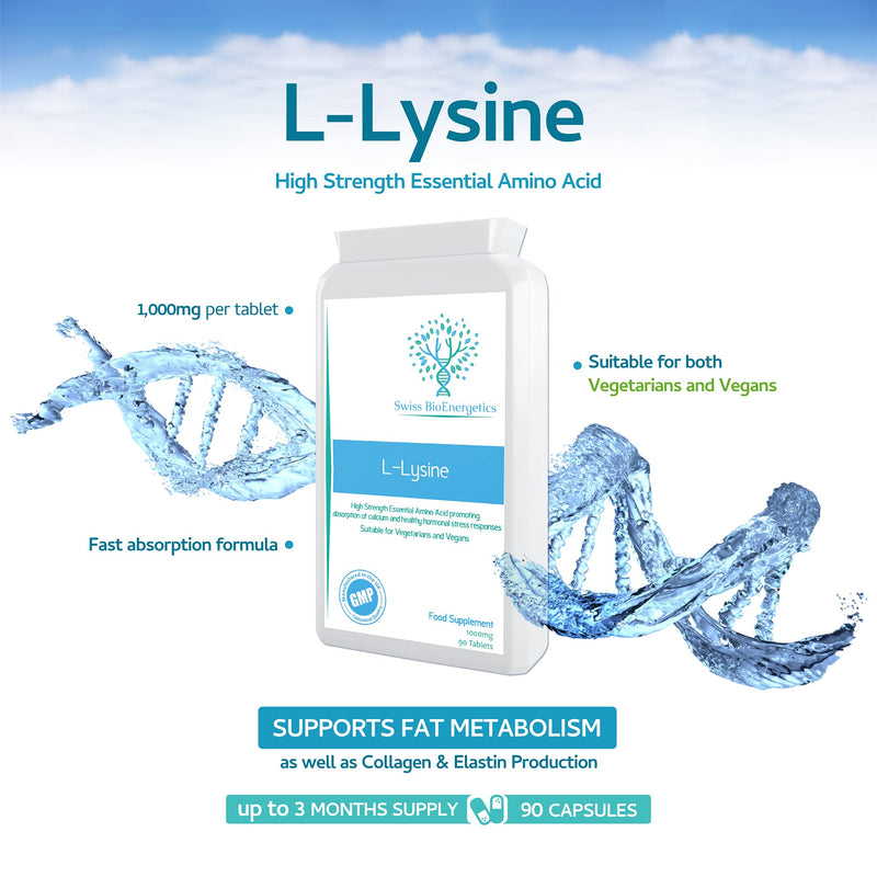 L-Lysine Tablets 1,000mg 90 Tablets - High Strength Essential Amino Acid Promoting Absorption of Calcium and Healthy Hormonal Stress Responses - BeesActive Australia