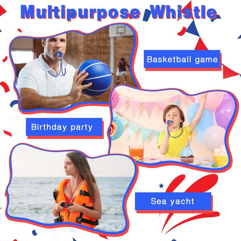 Wettarn 36 Pcs Emergency Whistle with Lanyard Independence Day Whistle for Kids with Patriotic Sticker Whistle Necklace Plastic Sports Whistle Party Favors for Classroom Home Training Red Blue - BeesActive Australia