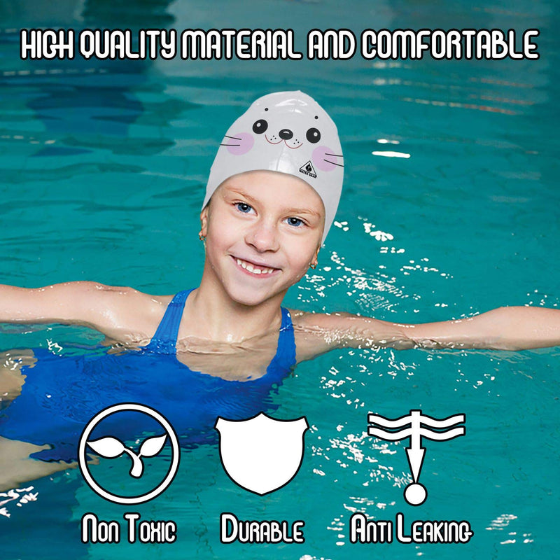 Water Gear Critter Cap - Extremely Durable Swimming Cap for Kids - Great for Improving Swimming Skills and Instilling Confidence in The Water - Long-Lasting Toddler Swimming Cap White Seal - BeesActive Australia