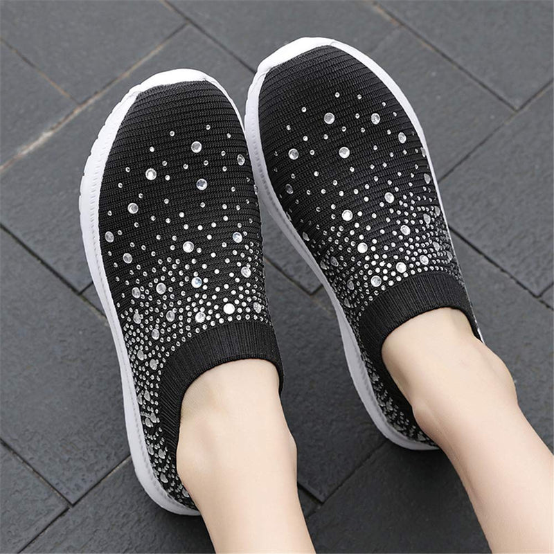 GOSPT Women's Mesh Walking Shoes Rhinestone Glitter Slip On Ballroom Jazz Latin Dance Sock Sneakers 5 Black - BeesActive Australia
