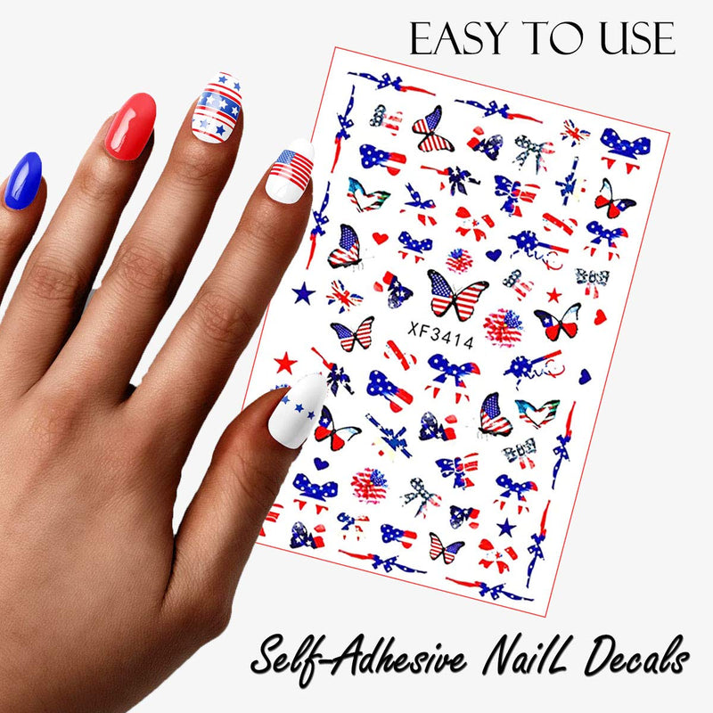 July 4 Nail Art Stickers, USA Independence Day Patriotic Designer Nail Art Decals 3D Self-Adhesive Acrylic Nail Supply Flame Butterfly Heart Design I Love American Nail Sticker 8 Sheets Red - BeesActive Australia