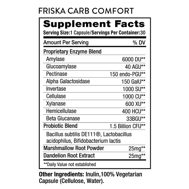 FRISKA Carb Comfort | Digestive Enzyme and Probiotic Supplement | Promotes Better Digestion | Natural Bloating and Gas Relief Support | 30 Capsules - BeesActive Australia