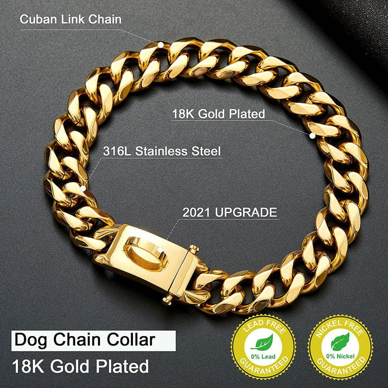 W/W Lifetime Gold Dog Chain Collar Walking Metal Chain Collar with Design Secure Buckle,18K Cuban Link Strong Heavy Duty Chew Proof for Dogs 14 Inch (Pack of 1) - BeesActive Australia