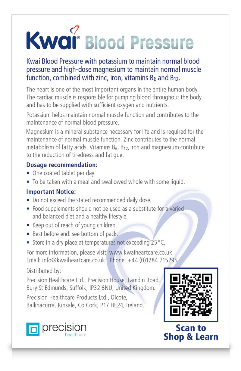 Kwai Blood Pressure | Tablets I Potassium to support normal blood pressure | Magnesium and Zinc contribute to normal muscle function (incl heart muscle) I Iron and Vitamins B6 & B12 improve energy levels | 30 tablets - BeesActive Australia