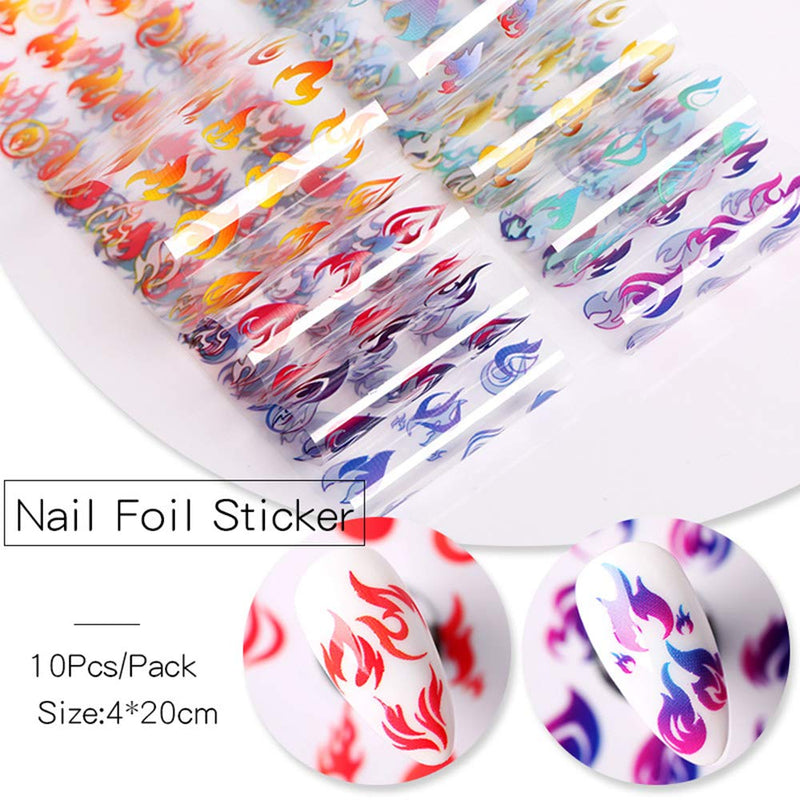 Flame Nail Art Foil Transfer Stickers Nail Accessories 10Sheets Flame Fire Nail Foils Adhesive Nail Decals Starry Sky Stencil Stuff for Women DIY Nail Art Decorations Acrylic Nails Design Manicure - BeesActive Australia