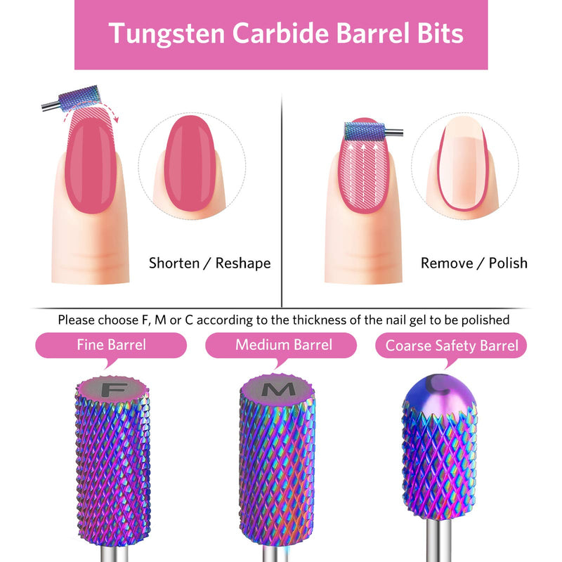 Tungsten Carbide Electric Nail Drill Bits Set for Acrylic Nails 3/32”, Emery Safety Professional Cuticle Diamond Bits for Manicure Efile, 7 Pieces Acrylic Gel Nail Kits Nail Art Salon Tools Home Use - BeesActive Australia