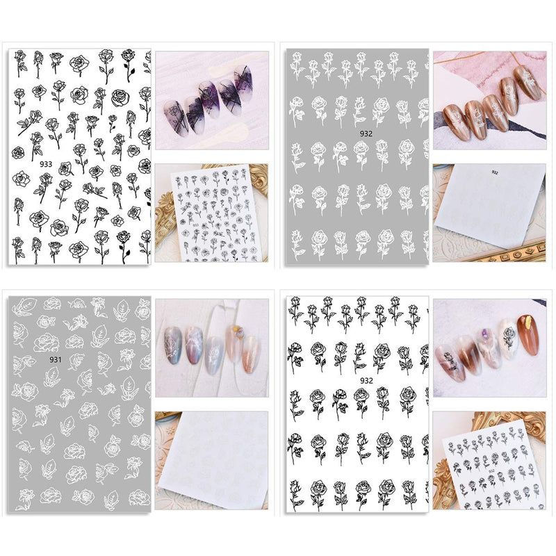 Rose Nail Art Stickers, Self-adhesive Black-and-White Rose Flower Nail Decals 6 Sheets, 5D Relief Hand-painted Sketch Flowers Designed for women's Nail Fashion Decoration - BeesActive Australia