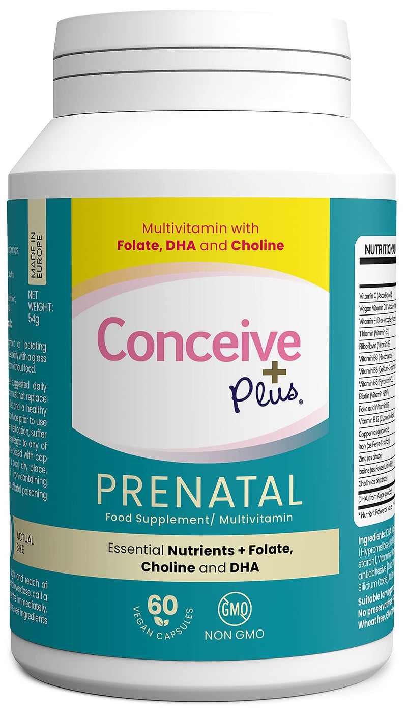Conceive Plus Prenatal - Multivitamin + DHA, Choline, Folate. Non GMO Supplement During Pregnancy, 30 Days Supply, 60 Caps - BeesActive Australia