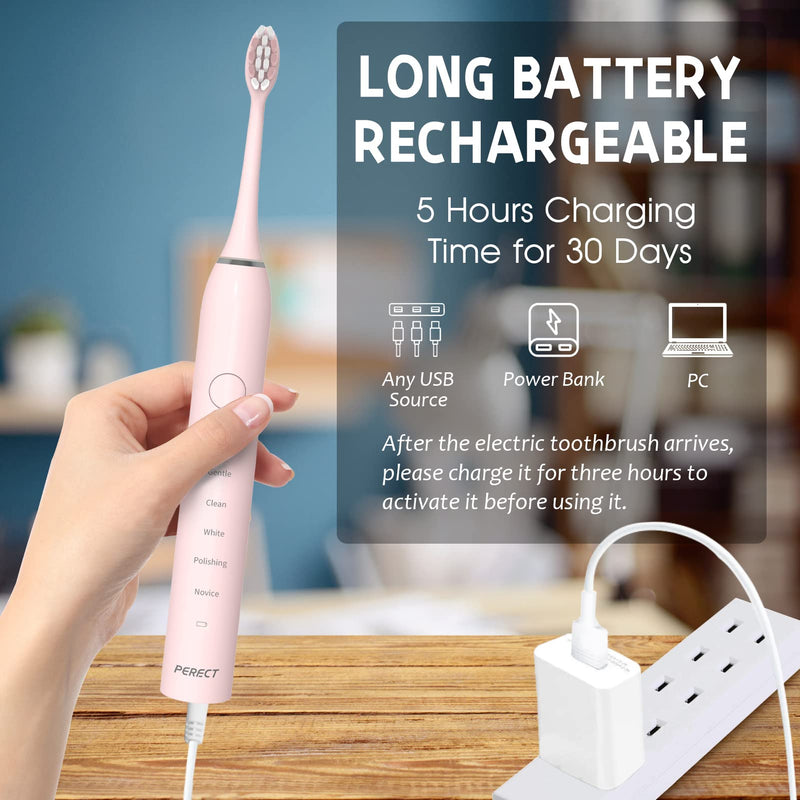 PERECT Ultrasonic Electric Toothbrush Adults with 6 Brush Heads, 5 Modes Electric Toothbrush, Travel Rechargeable Power Toothbrush with Smart Timer &Travel Case & Soft Picks, IPX7 Waterproof, Pink Light Pink - BeesActive Australia