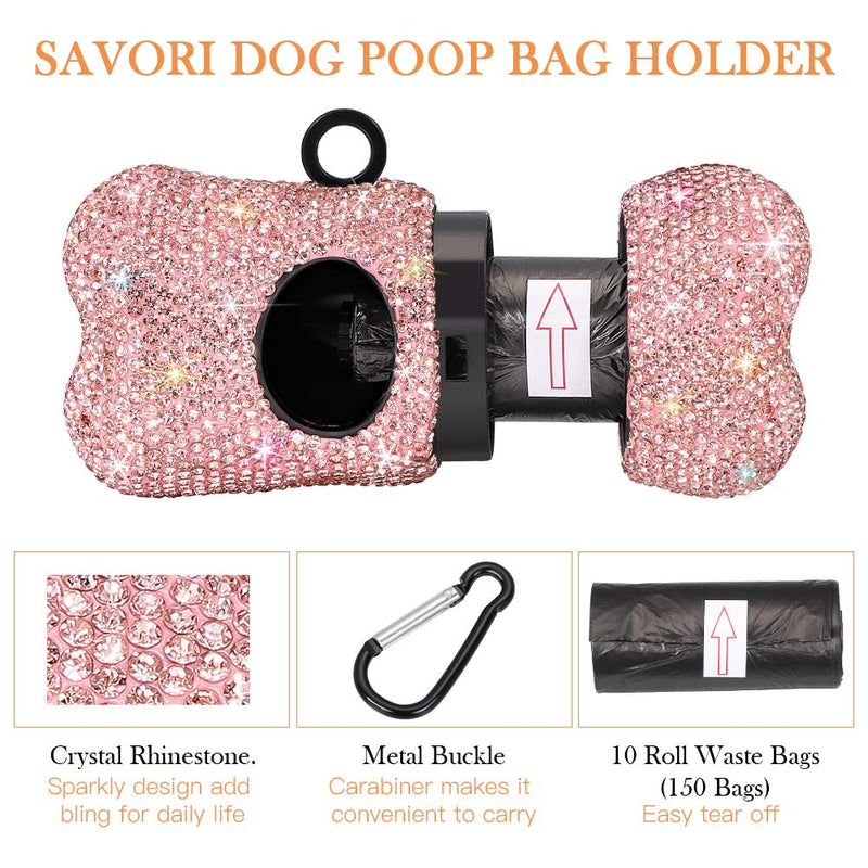 SAVORI Dog Poop Bag Holder Bling Rhinestone Poop Bag Leash Dispenser for Pet Dog Doggy Waste Bags with Metal Carabiner Clip Includes 10 Roll 150 Bags Pink - BeesActive Australia
