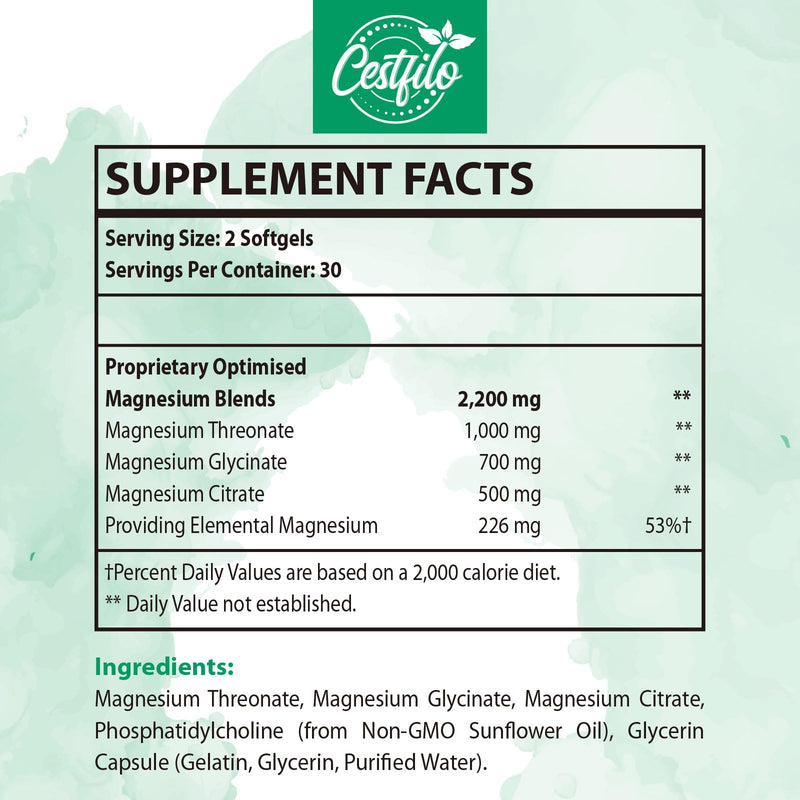 Cestfilo Liposomal Magnesium Complex 2200mg-Liposomal Complex High Potency Magnesium Threonate, Magnesium Glycinate, Magnesium Citrate, Powerful Supplement, Gluten Free, 60 softgels. 60 Softgels(pack of 1) - BeesActive Australia