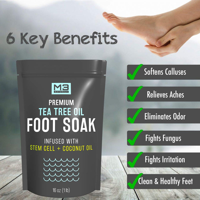 M3 Naturals Tea Tree Oil Foot Soak Infused with Stem Cell - Epsom Salt Foot Spa for Athletes Foot, Toenail Fungus, Callus Remover, Stubborn Foot Odor - Essential Pedicure Foot Bath for Tired Feet 16oz - BeesActive Australia