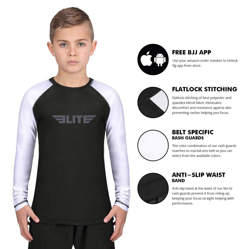 [AUSTRALIA] - Elite Sports Rash Guards for Boys and Girls, Full Sleeve Compression BJJ Kids and Youth Rash Guard White X-Large 