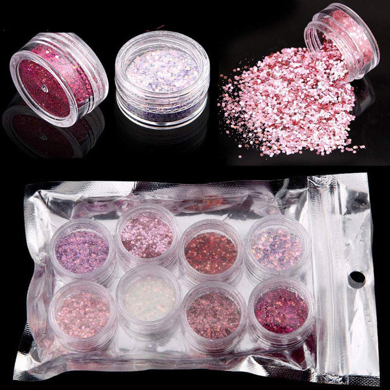 WOKOTO 8Pcs Nail Art Glitter Powder Dust With Different Colors Rose Gold Purple Red Nail Sequins Flakes Set - BeesActive Australia