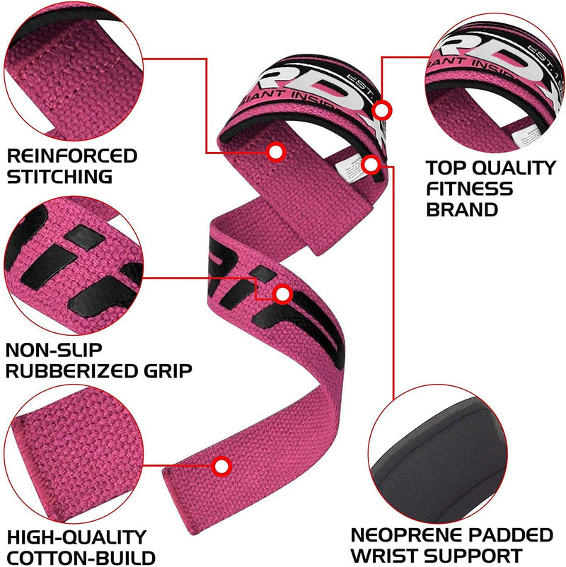 RDX Weight Lifting Straps, Powerlifting Deadlifting Wrist Support Grip, Heavy Duty Weightlifting Bodybuilding Workout, Strength Training Gym Fitness (Plain Black, One Size) Pink - BeesActive Australia