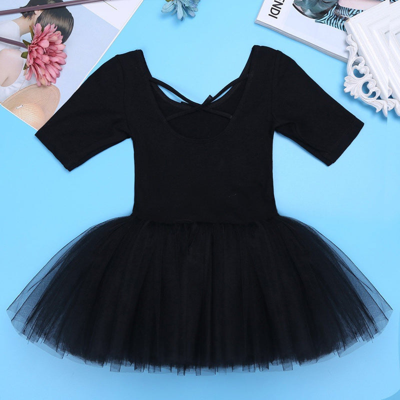 [AUSTRALIA] - YiZYiF Kids Girl's Short Sleeved Gymnastics Ballet Dance Leotard Dress Cross Back Design Black 3 / 4 
