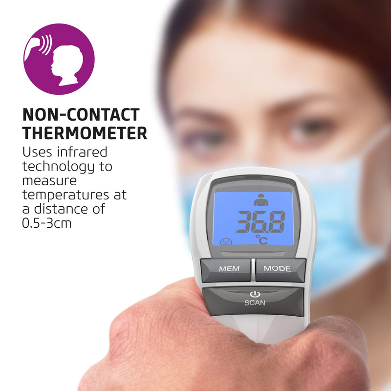 Salter TE-250-EU No Touch Infrared Thermometer, Forehead Mode, Objects and Liquids, Night Mode, Fever Alarm, 30 Memory Recall, One Second Reading, Backlit Display, For Babies/Adults, Instant/Accurate No Touch Thermometer - BeesActive Australia