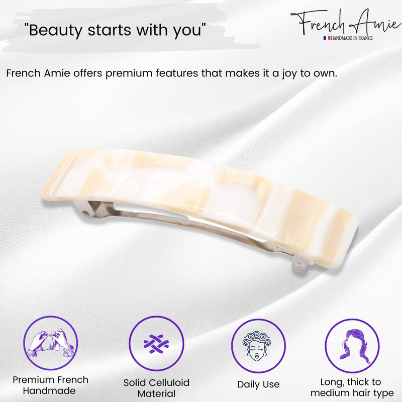 French Amie Oblong Handmade 3.5" Celluloid Automatic Hair Clip Barrette Hair Clip for Girls Strong Hold Hair Clips for Women No Slip Durable Paris Hair Accessories, Made in France (Cream Nouget) Cream Nouget - BeesActive Australia
