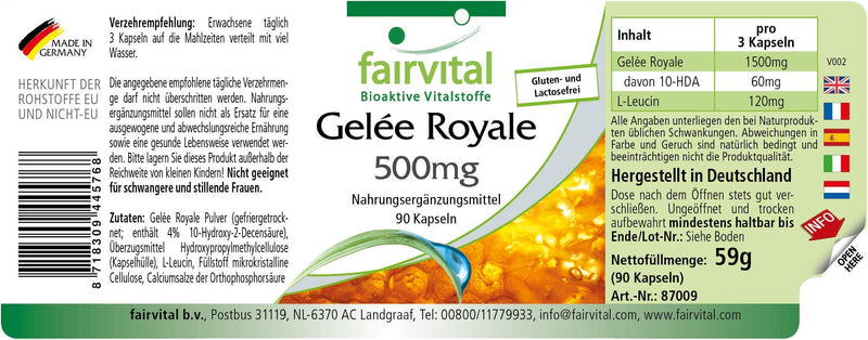 Fairvital | Royal Jelly Extract 500mg - HIGH Dosage - 90 Capsules - standardised to 4% 10-DHA - BeesActive Australia