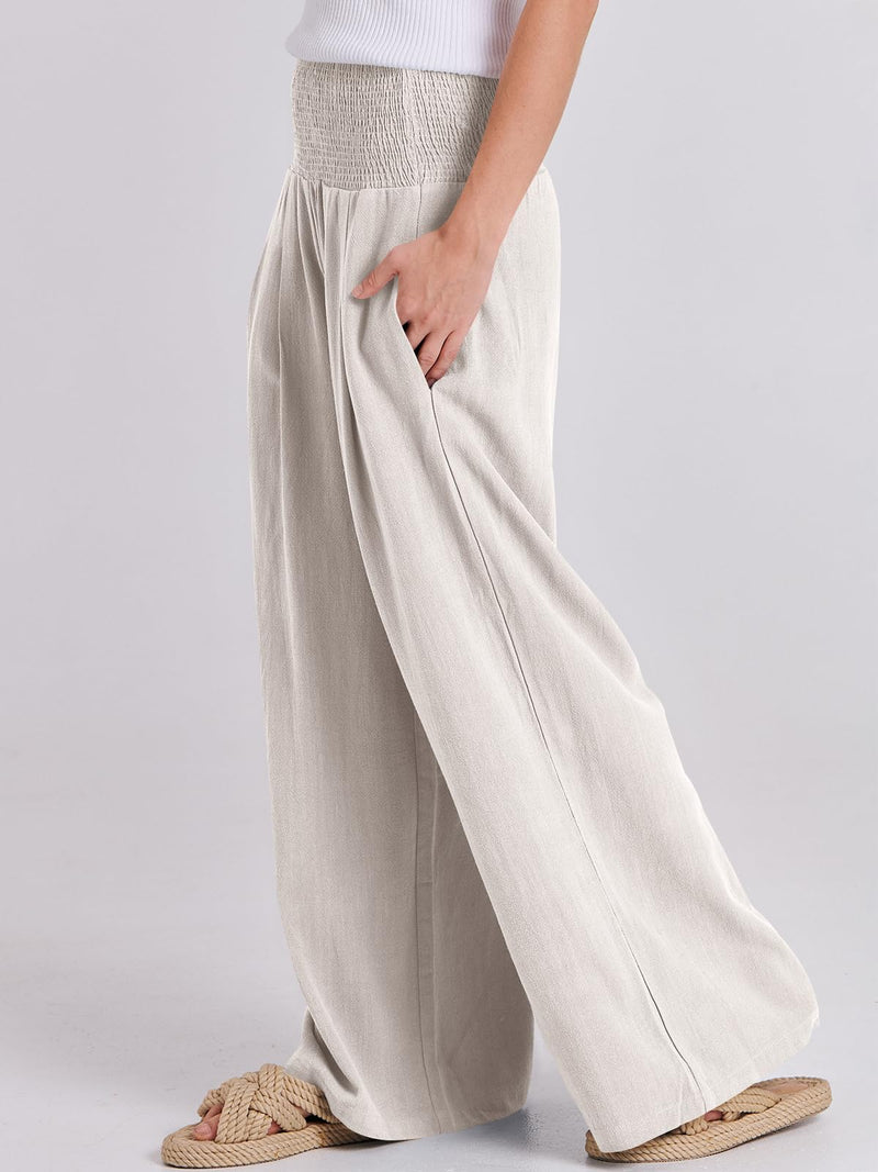 ANRABESS Women Linen Palazzo Pants Summer Boho Wide Leg High Waist Casual Lounge Pant Trousers with Pocket Large Apricot - BeesActive Australia