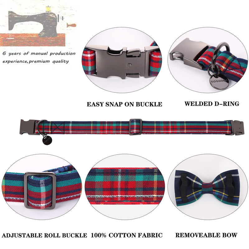 DOGWONG Cotton Dog Collar with Bow tie, Christmas Red Plaid Dog Collar Pink Santa Claus Soft Durable Adjustable Cotton Puppy Pet Collar for Small Medium Large Dog L（Pack of 1） A: red blue plaid - BeesActive Australia