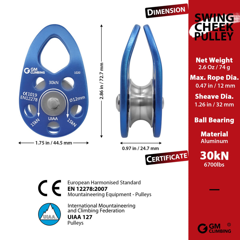 GM CLIMBING UIAA Certified 30kN Swing Cheek Micro Pulley Ball Bearing CE General Purpose Pack of 2 - BeesActive Australia