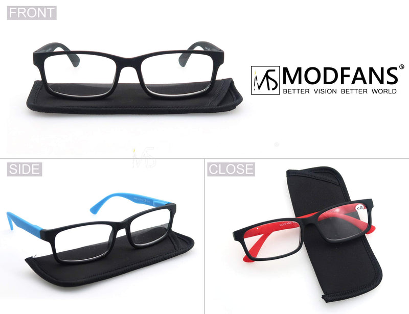 MODFANS Reading Glasses 1.25 Men Women 3 Pack,Rectangular Clear Lens Comfort Spring Hinge Eyeglasses,Stylish Lightweight Plastic Readers with Pouch Black-Blue-Red +1.25 Black-red-blue - BeesActive Australia